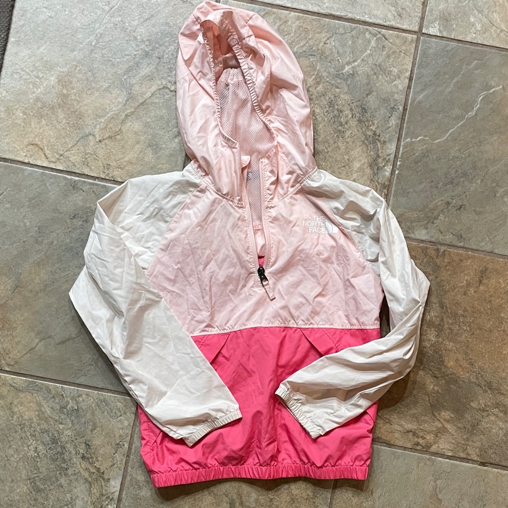The North Face Little Girl’s Pink and White Hooded Windbreaker